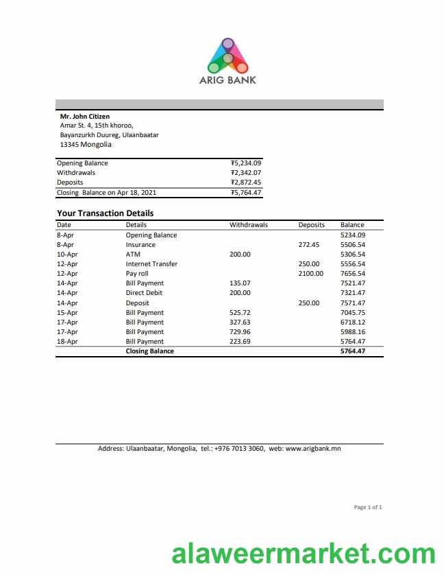 Mongolia Arig Bank excel pdf